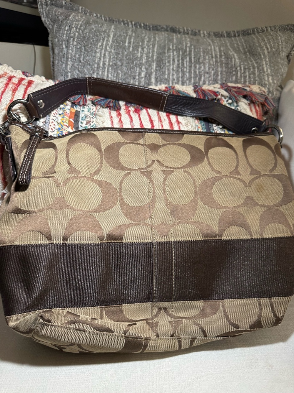 Coach Brown Signature Canvas Shoulder Bag with Dark Brown Trim